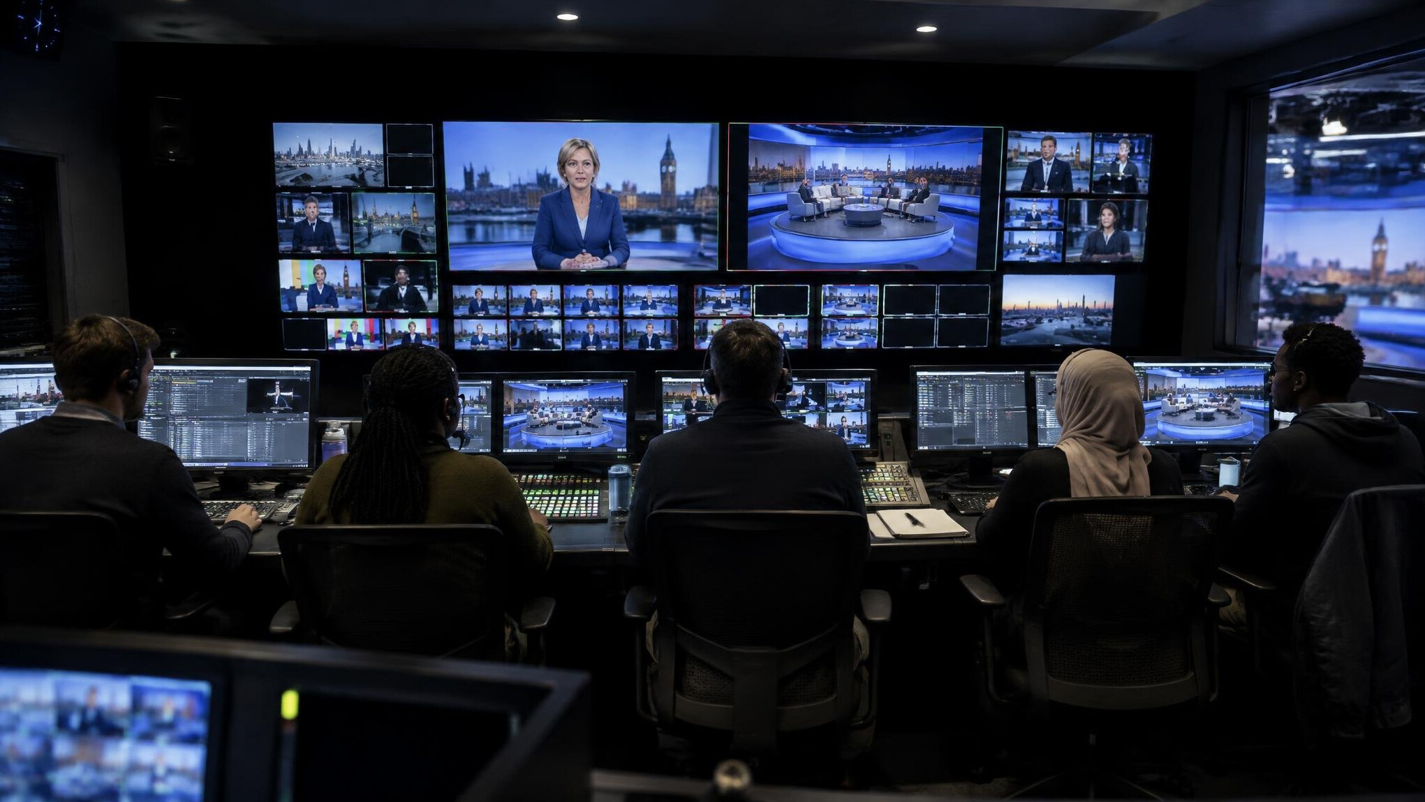 Wide view of a television studio control room