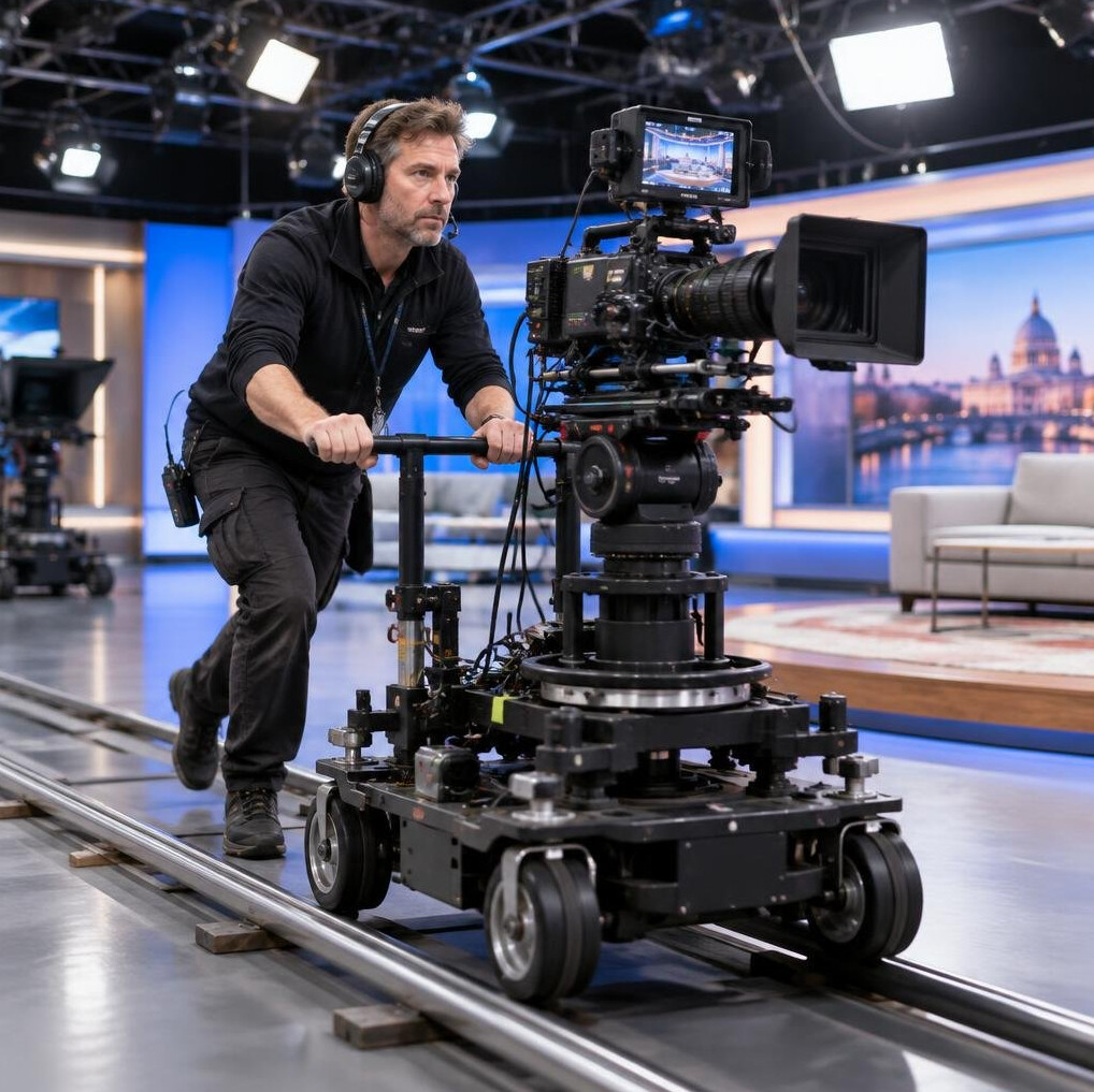 Camera operator tracking a moving shot in a studio