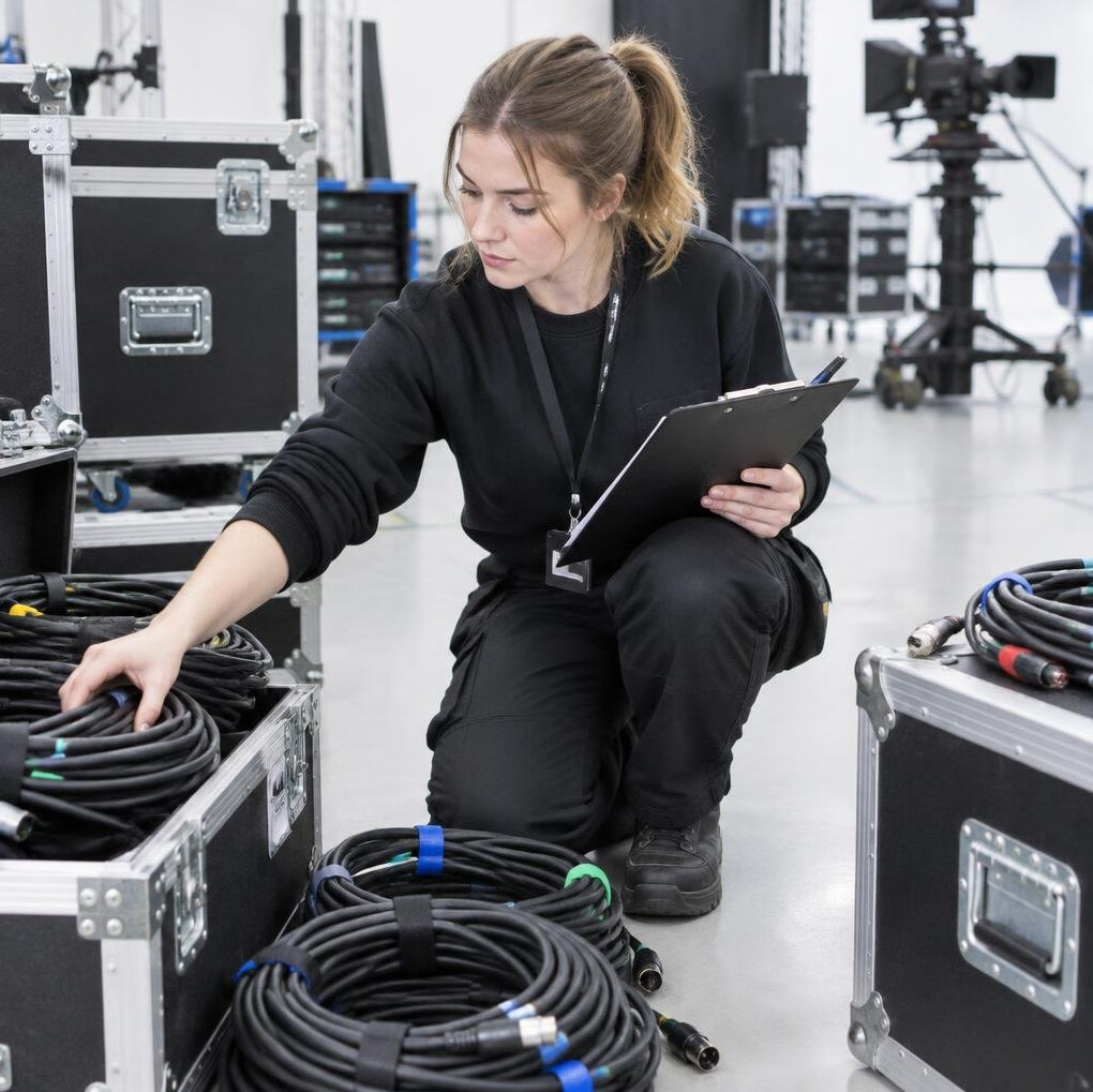 Technician organising studio equipment cases and cables
