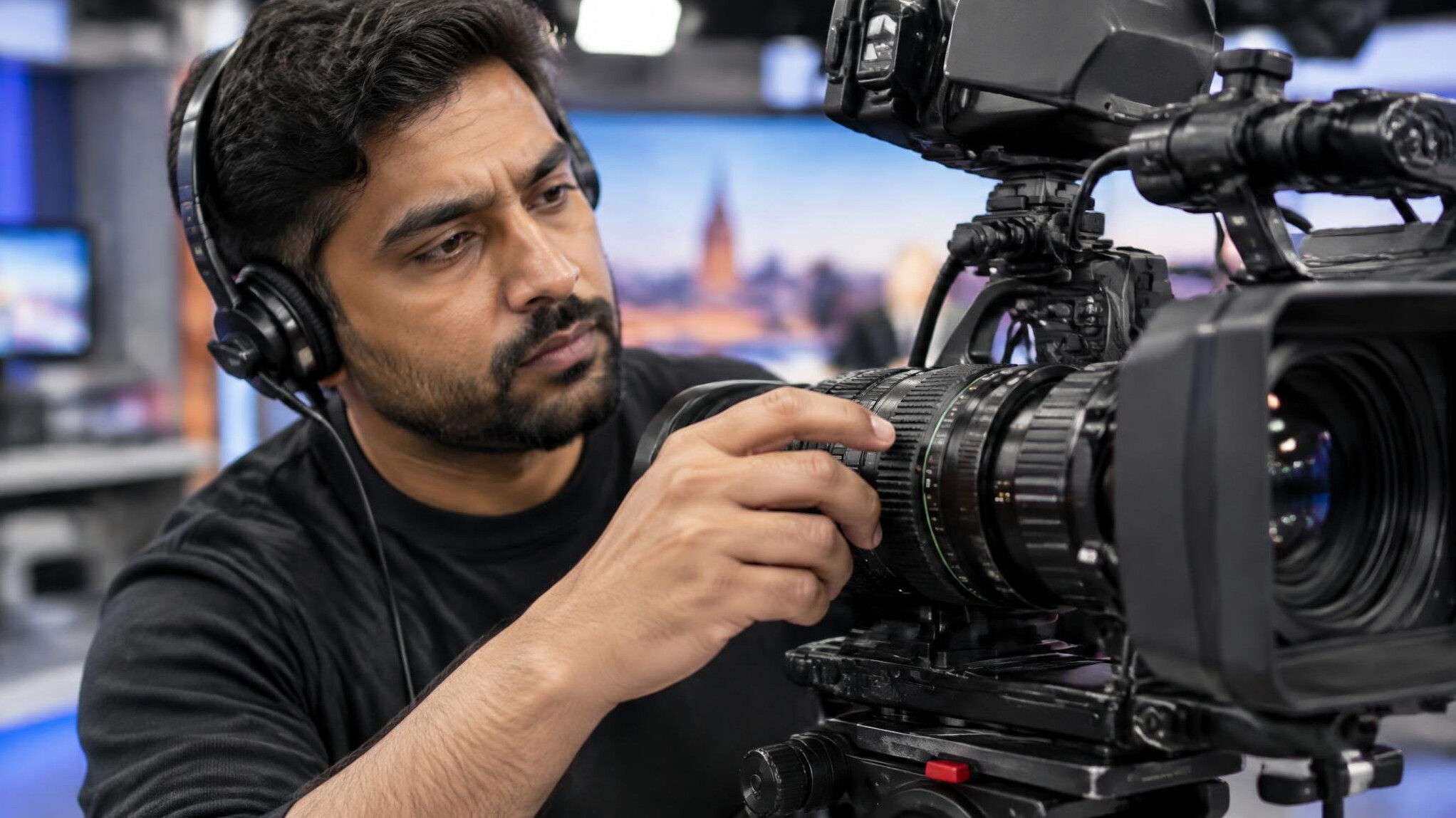 Camera operator adjusting a broadcast camera lens
