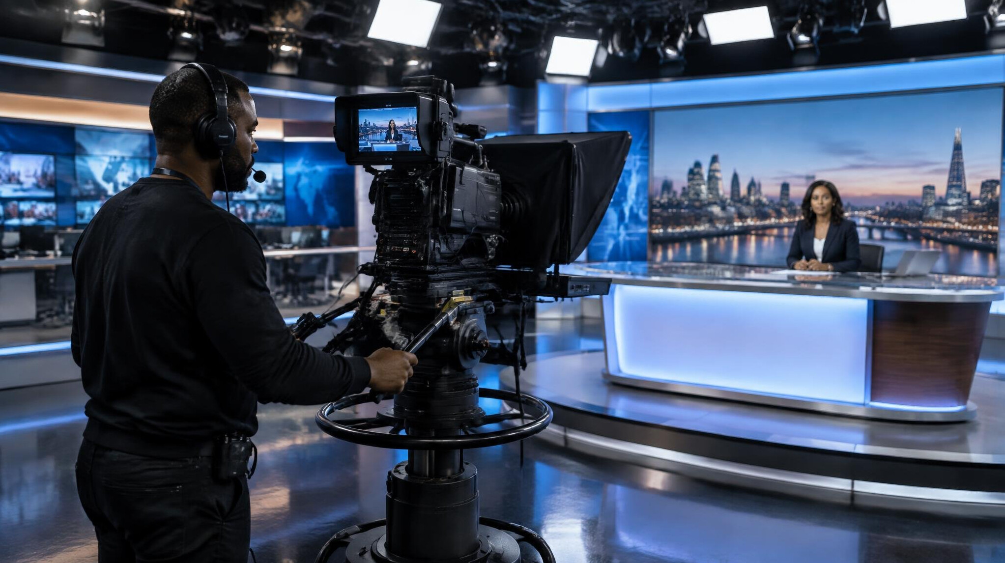 Camera operator filming in a television studio