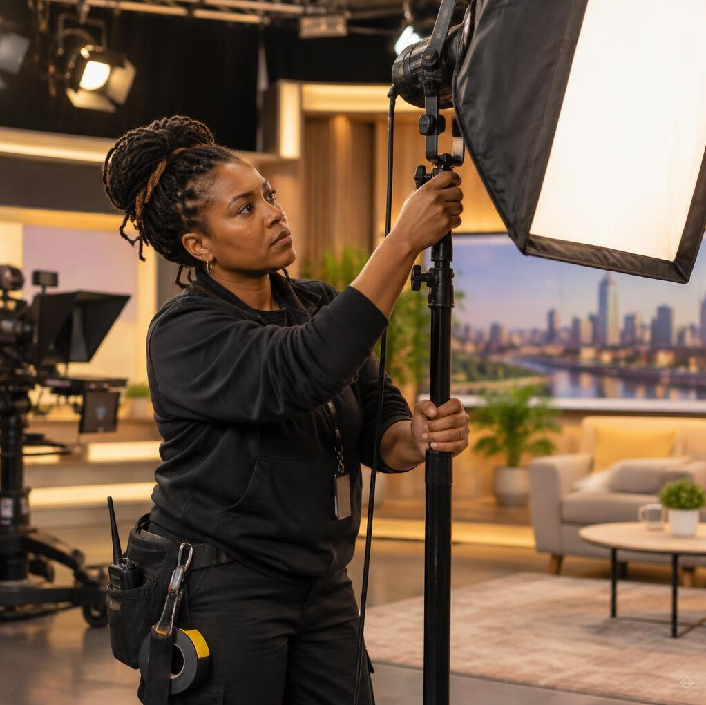 Technician setting up studio lighting equipment