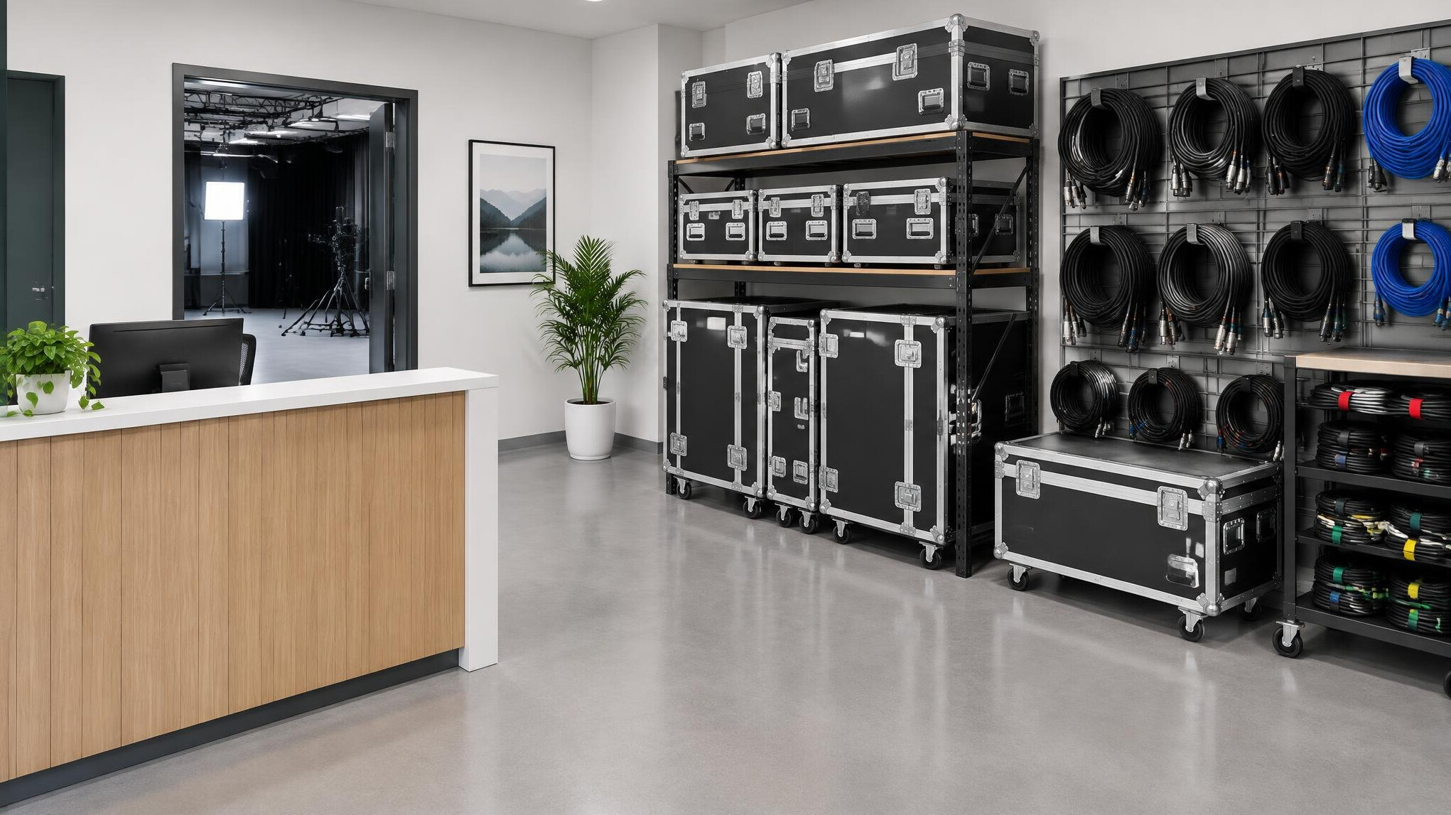 Studio reception area with equipment cases