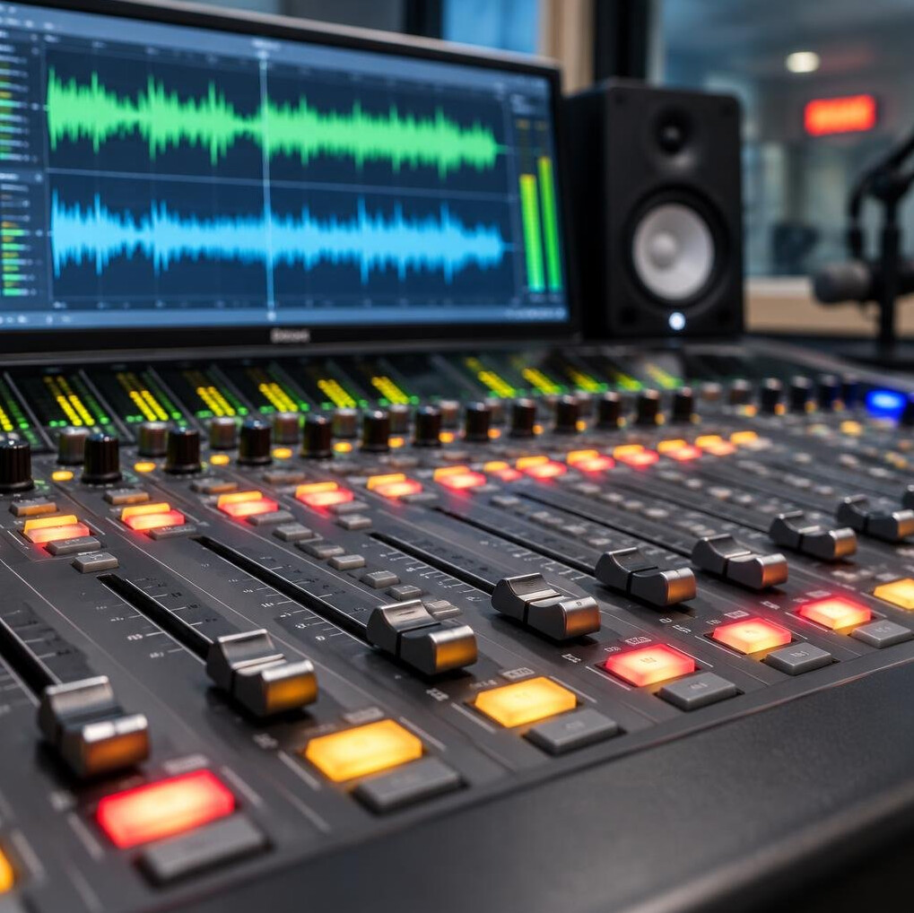 Audio mixing console with sound waveforms on screen